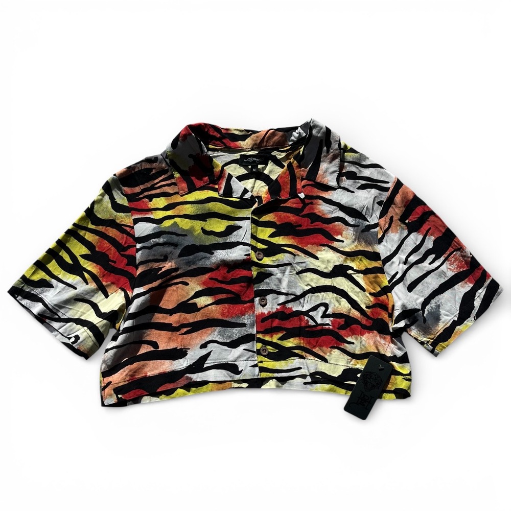 Ed Hardy Womens M Orange Yellow Tiger Print Cropped Button Down Shirt Trendy Y2K